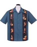  Kortærmet skjorte: bowling shirt - Steady Clothing - Pinup Panel Bowling Shirt in blue